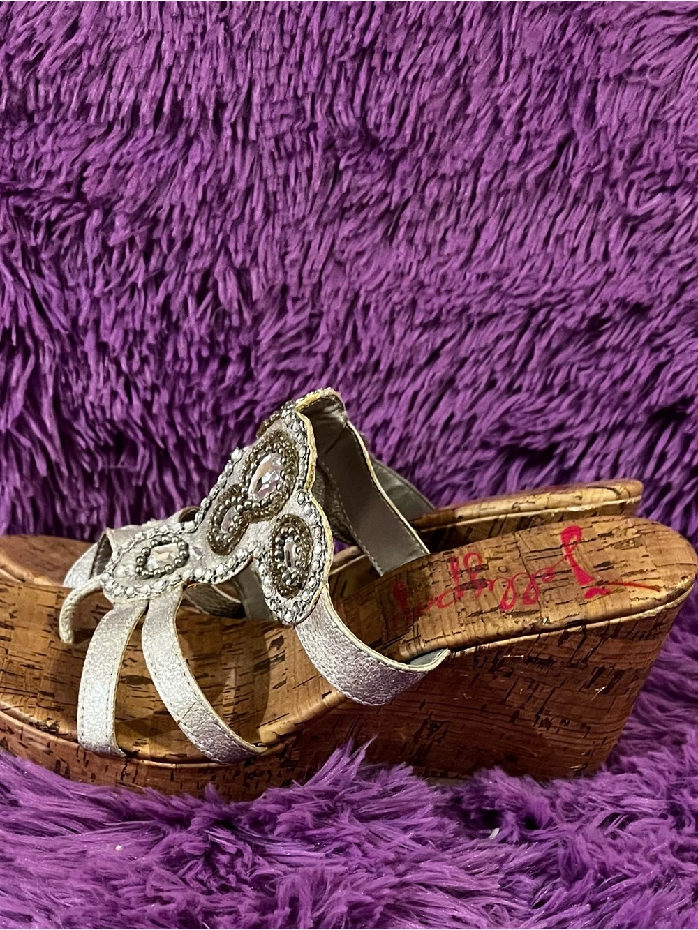 Jellypop Silver Beaded Cork Wedge Sandals
